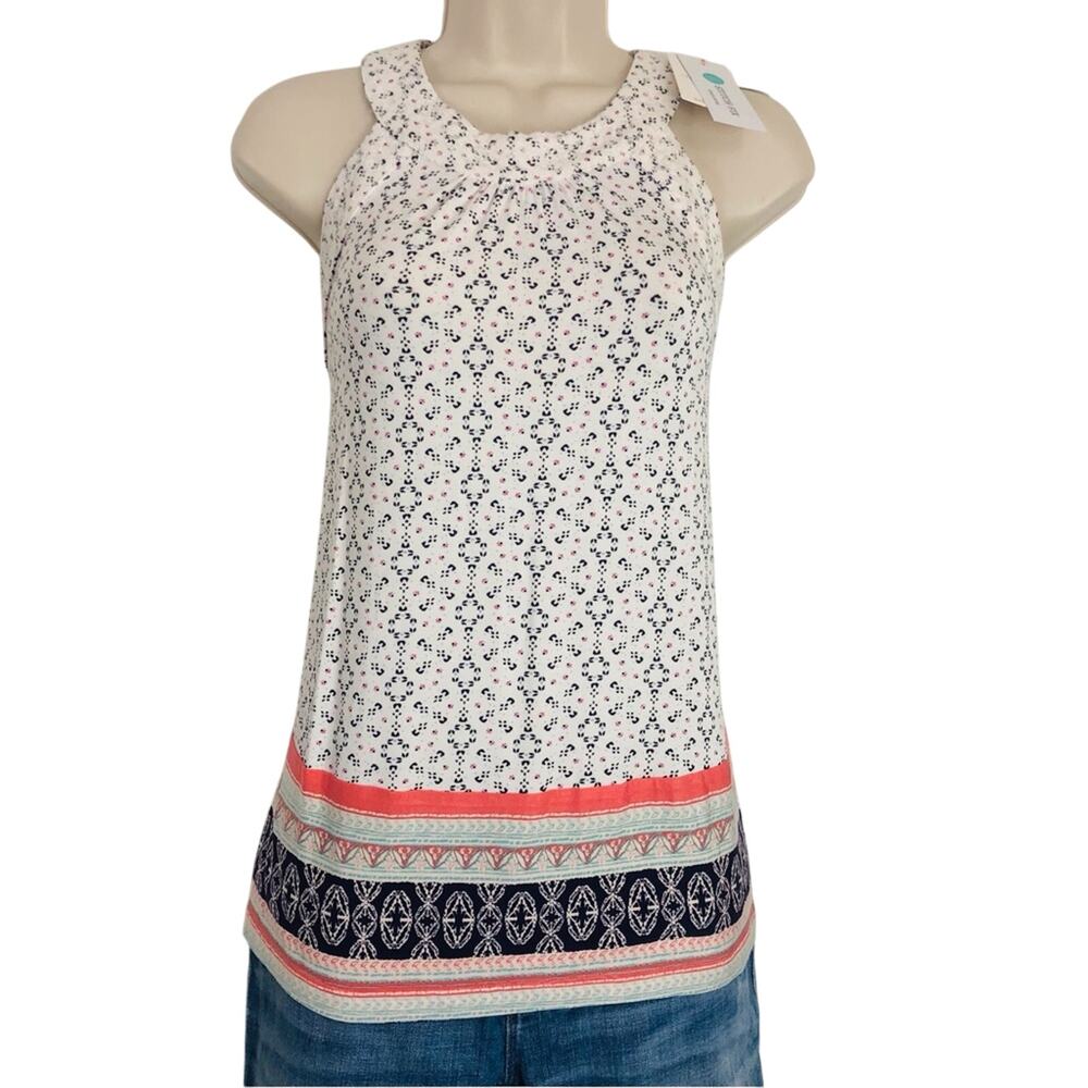 NWT Skies Are Blue Casual Embroidered Tank Top Medallion Print Cream Blue Coral